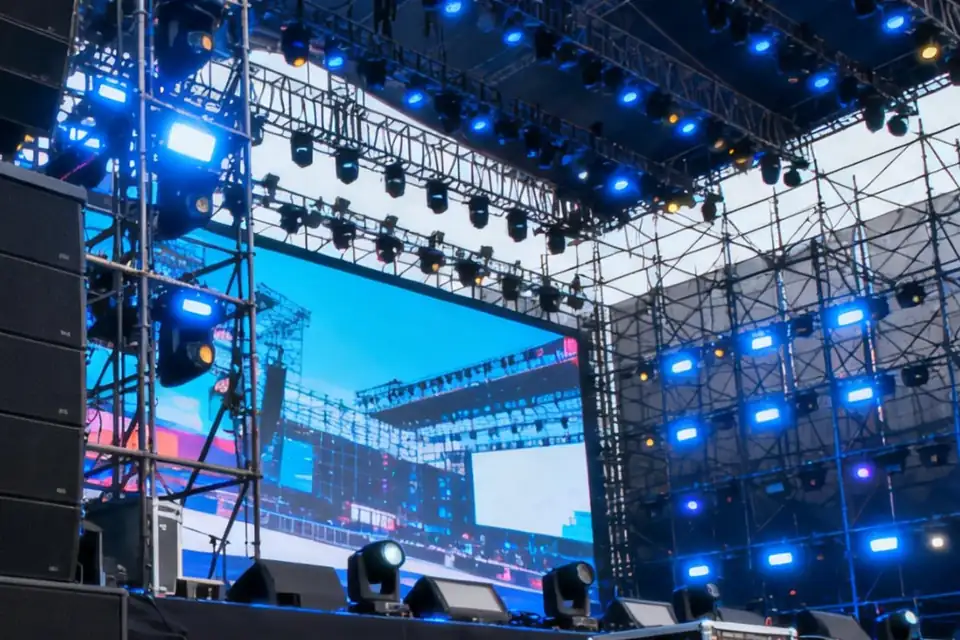 Illustration: an outdoor festival stage with line arrays, an LED screen and lights on scaffolding